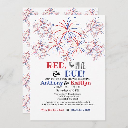 Modern Red White & Due 4th July Baby Shower Kaart (Voorkant / Achterkant)
