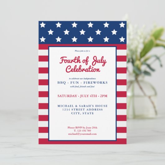 Modern Red White en Blue 4 van juli Kaart (Staand voorkant)