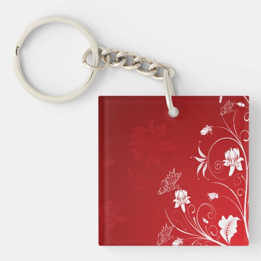 Modern Red & White Floral Sleutelhanger (Voorkant)