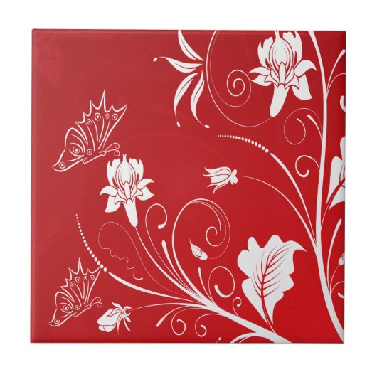 Modern Red & White Floral Tegeltje (Voorkant)