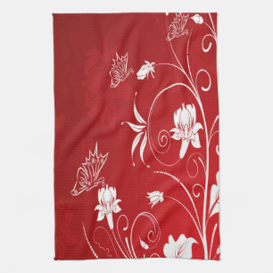 Modern Red & White Floral Theedoek