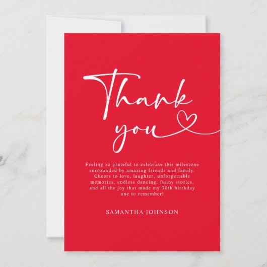 Modern Red White Hello 30th Birthday Bedankkaart (Voorkant)