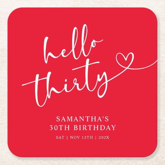 Modern Red White Hello 30th Birthday Kartonnen Onderzetters (Voorkant)