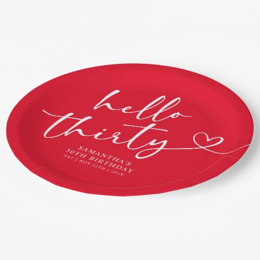Modern Red White Hello 30th Birthday Papieren Bordje (Gekanteld)