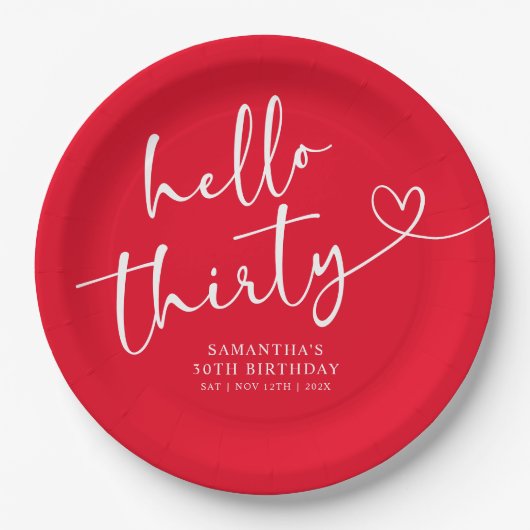 Modern Red White Hello 30th Birthday Papieren Bordje (Voorkant)