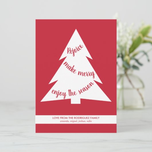 Modern Red White Kerstbomen Holiday Script Feestdagenkaart (Staand voorkant)