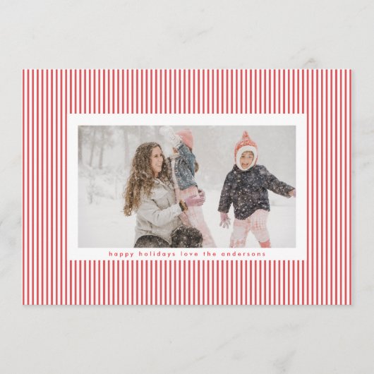 Modern Red White Lijst Stripes Foto Feestdagenkaart (Voorkant)