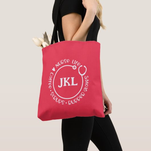 Modern Red White Monogrammed Stethoscope Nurse Tote Bag (Dichtbij)