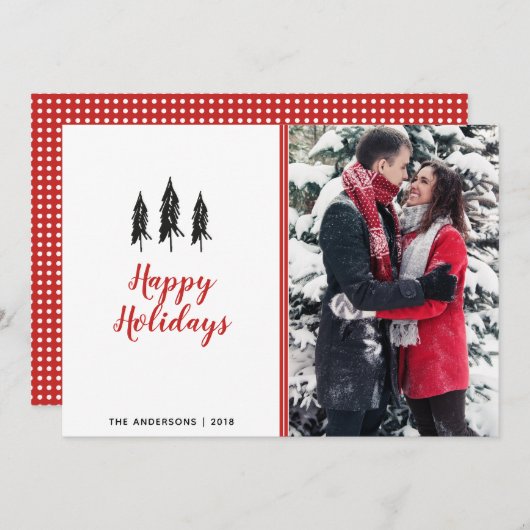 Modern Red & White Polka Dot Evergreen Kerstmis Feestdagenkaart (Voorkant / Achterkant)