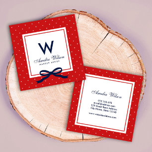 Modern Red White Polka Dot Red Ribbon Monogram Vierkante Visitekaartje