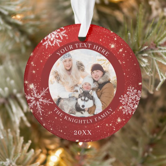 Modern Red White Snowflake Foto gepersonaliseerd Ornament (Boom)