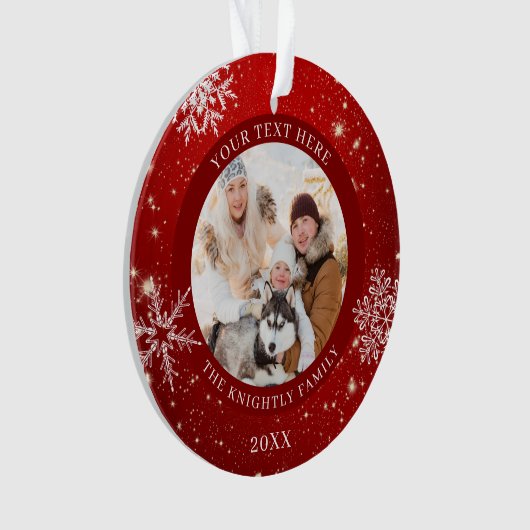 Modern Red White Snowflake Foto gepersonaliseerd Ornament (voorkant)