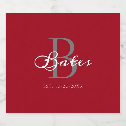 Modern Red White Vastgesteld monogram Aangepast Sparkling Wijnetiket (Enkel label)