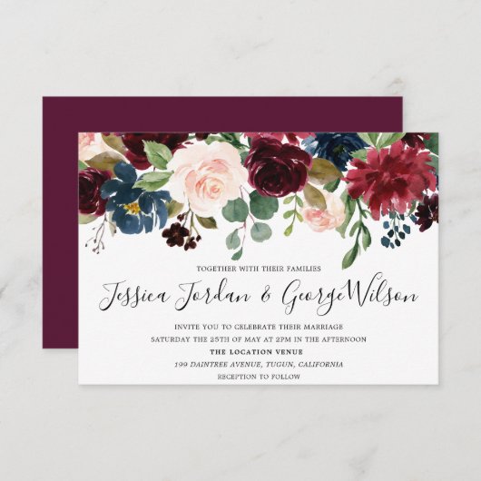 Modern Red Wine Burgundy Waterverf Wedding Invite Kaart (Voorkant / Achterkant)