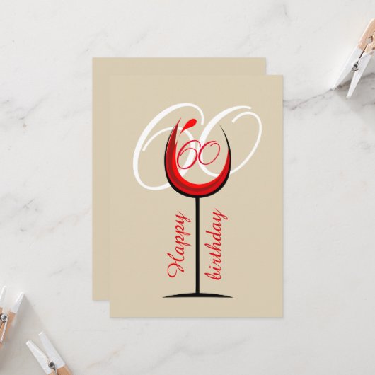 Modern Red Wine Glass Script 60th Birthday Kaart (Voorkant / Achterkant in situ)