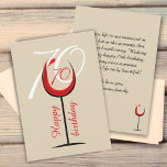 Modern Red Wine Glass Script 70th Birthday Kaart<br><div class="desc">Modern Red Wine Glass Script 70th Birthday Kaart. Het ontwerp heeft een abstract rood wijnglas met een leeftijd erin. Personaliseer met jouw tekst op de achterkant. Geweldig voor een vrouw of een man die de zeventigste verjaardag viert.</div>