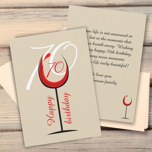 Modern Red Wine Glass Script 70th Birthday Kaart