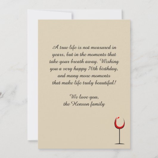 Modern Red Wine Glass Script 70th Birthday Kaart (Achterkant)