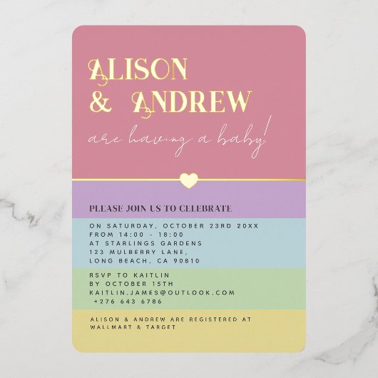 Modern Regenboog en Gold Couple's Baby shower Folie Uitnodiging (Voorkant)