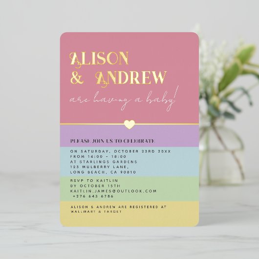 Modern Regenboog en Gold Couple's Baby shower Folie Uitnodiging (Staand Voorkant)