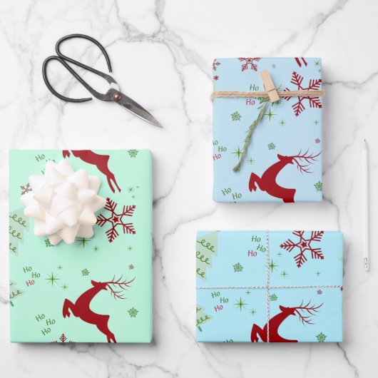 Modern Reindeer & Snowflake Gift Wrap Set Inpakpapier Vel (Voorkant)
