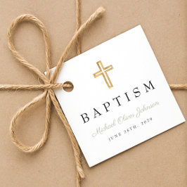 Modern Religieus Cross Sage Groen Script Doop Bedankjes Labels