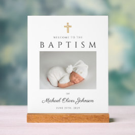 Modern Religieus Kruis Foto Jongen Doop Welkom Acryl Bord