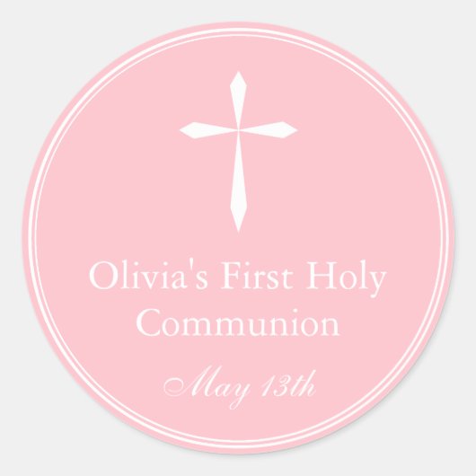 Modern religieus kruis, roze gunst tag ronde sticker (Voorkant)