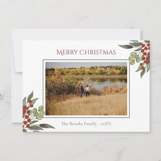 Modern religieus script Red Holly kerstfoto Feestdagenkaart (Voorkant)