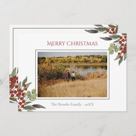 Modern religieus script Red Holly kerstfoto Feestdagenkaart (Voorkant / Achterkant)