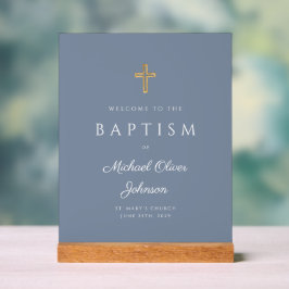 Modern Religieus Stoffig Blauw Jongen Doop Welkom Acryl Bord