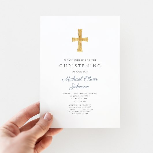 Modern Religieuze Cross Dusty Blue Christening Kaart