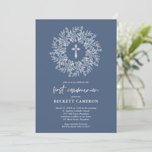 Modern Religious Blue Cross First Communion Kaart (Staand voorkant)