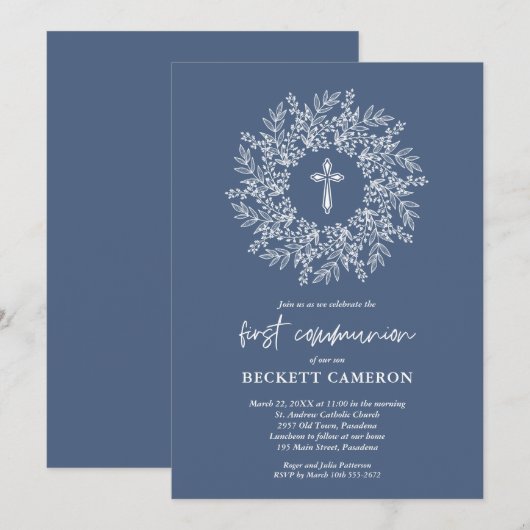 Modern Religious Blue Cross First Communion Kaart (Voorkant / Achterkant)