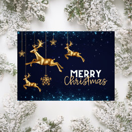 Modern Rendier Goud Kerstvakantie Kaart Blauw