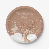 Modern Rendier Kerstfeest Bruin Papieren Bordje (Voorkant)
