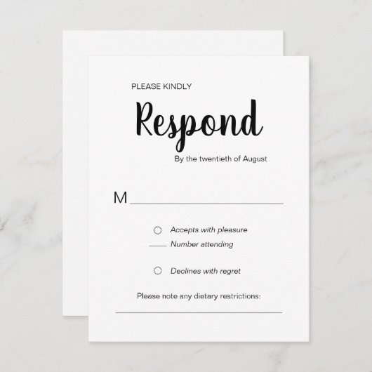 Modern Respond Zwart Wit Trendy bruiloft RSVP Kaartje (Voorkant / Achterkant)