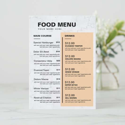 Modern restaurantmenu | Prijslijst Menu (Staand voorkant)