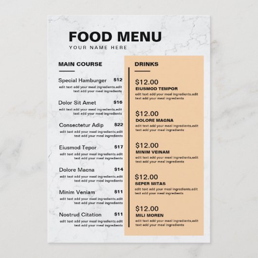 Modern restaurantmenu | Prijslijst Menu (Voorkant)