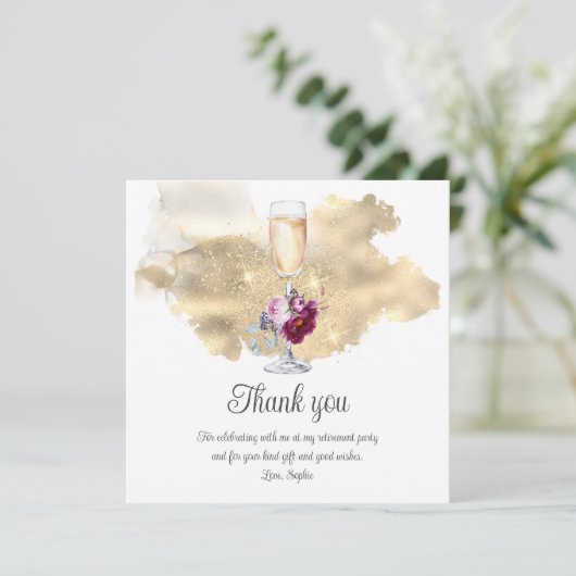 Modern Retirement Party Champagne Glitter Floral Bedankkaart (Staand voorkant)