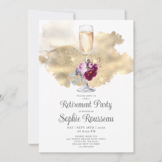 Modern Retirement Party Champagne Glitter Floral Kaart (Voorkant)