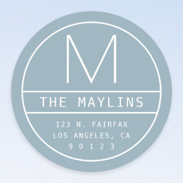 Modern retouradres & monogram | Dusty Blue Ronde Sticker