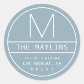 Modern retouradres & monogram | Dusty Blue Ronde Sticker (Voorkant)