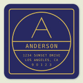 Modern Retouradres & Monogram | Goud & Marineblauw Vierkante Sticker