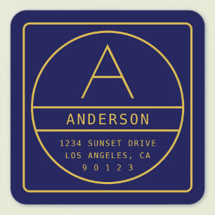 Modern retouradres & monogram   Goud & marineblauw Vierkante Sticker