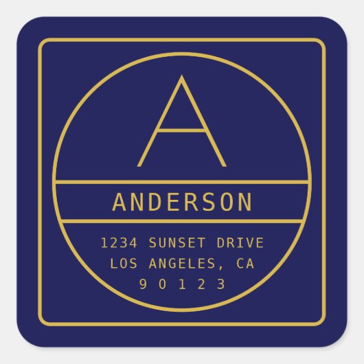 Modern Retouradres & Monogram | Goud & Marineblauw Vierkante Sticker (Voorkant)