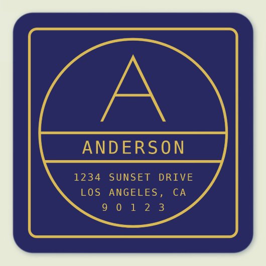 Modern retouradres & monogram | Goud & Navy Vierkante Sticker