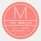 Modern Retouradres & Monogram | Levend Koraal Ronde Sticker (Voorkant)