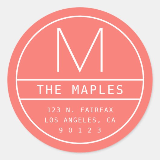 Modern Retouradres & Monogram | Levend Koraal Ronde Sticker (Voorkant)