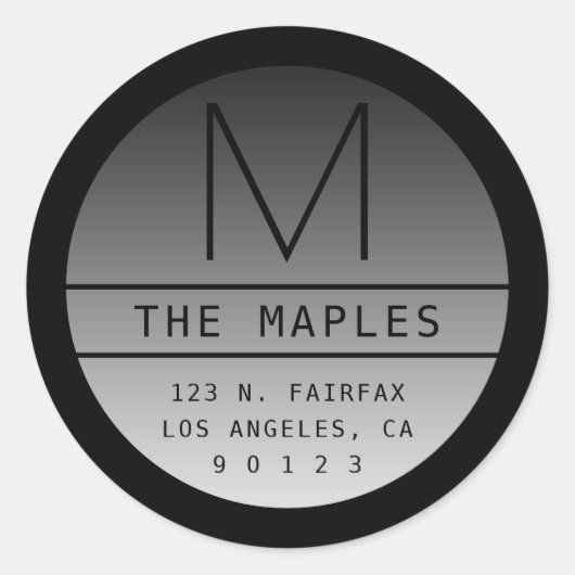 Modern retouradres & monogram | Verloop zwart Ronde Sticker (Voorkant)